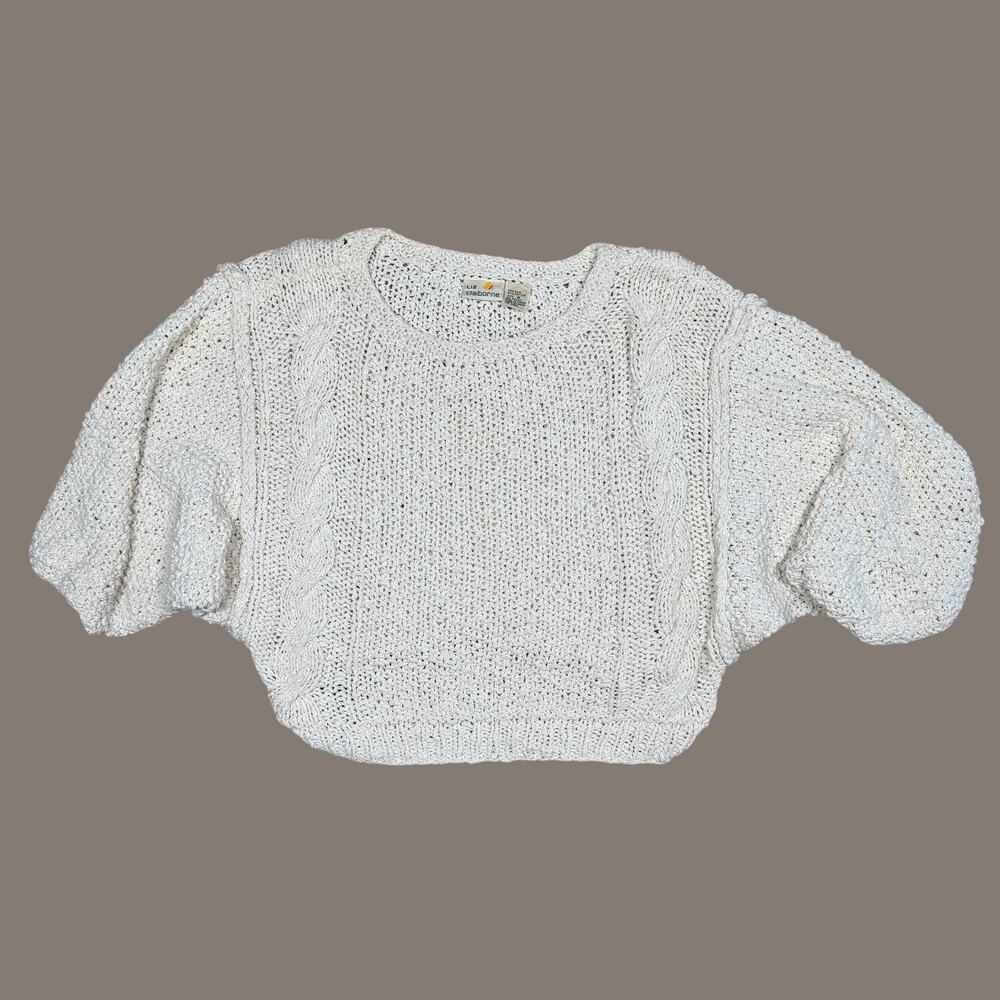 Liz Claiborne Vintage Silk Cotton Chunky Loose Knit Cream Crop Sweater Medium - Picture 2 of 11